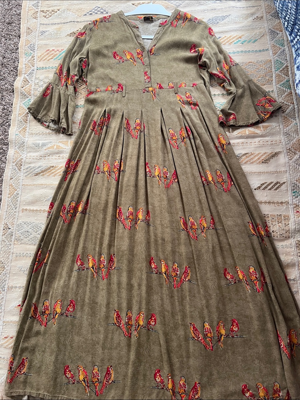 Olive Green Midi Dress with Red & Gold Bird Motif